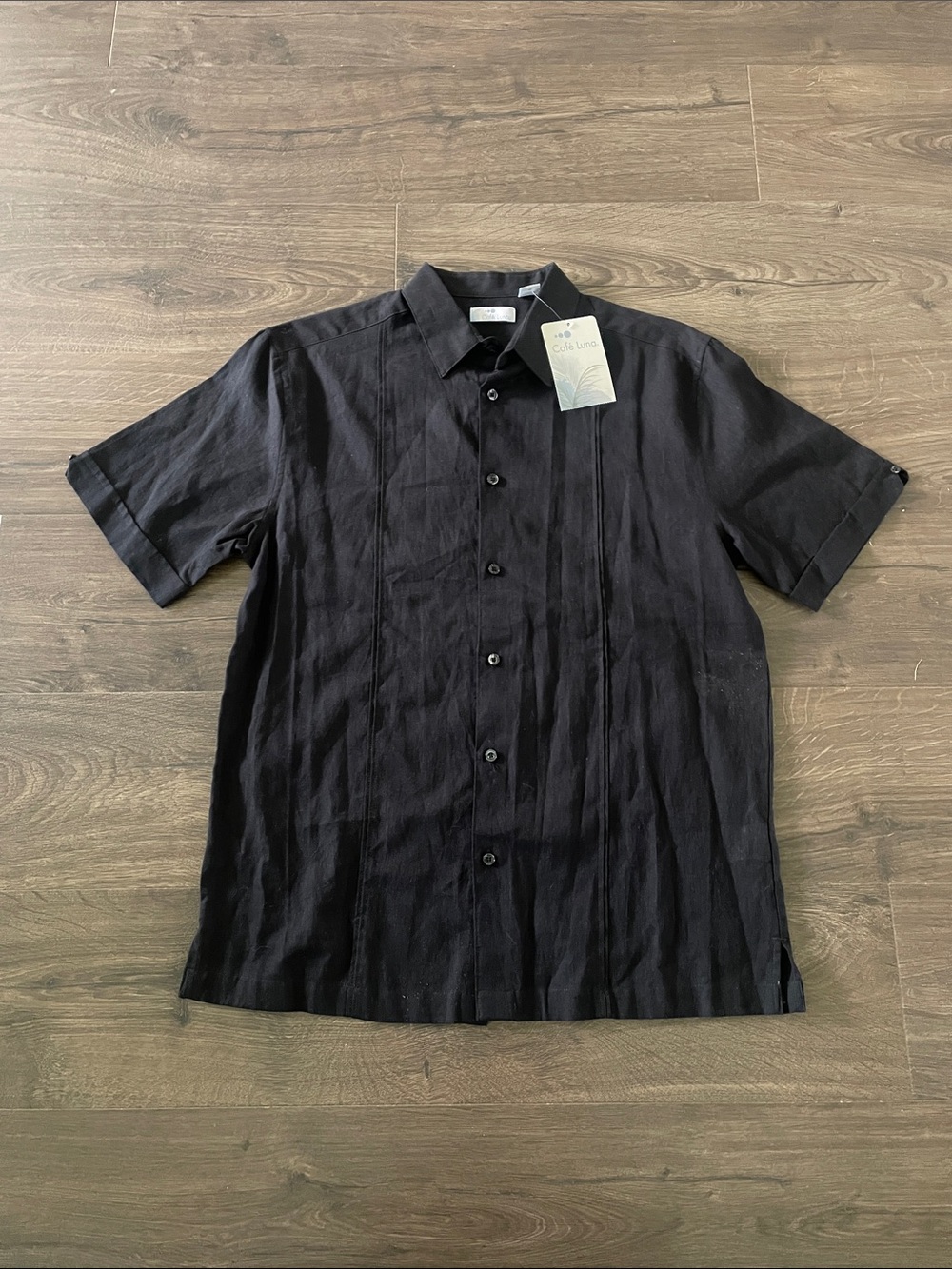 New Cafe Luna Black Short-Sleeve Button-Up Shirt, Cotton Linen, Size Medium